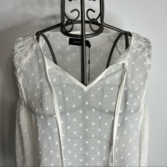 MINKPINK Sheer Dot White V-Neck Tassel Juliette Smocked Blouse Size Medium - Picture 2 of 13